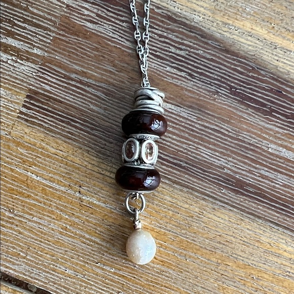 Pandora Brown Glass Bead Necklace with Cream Pearl Drop